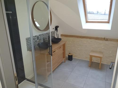 uma casa de banho com um lavatório e um espelho em L'élégant Gîtes de Moiscourt em Gisors