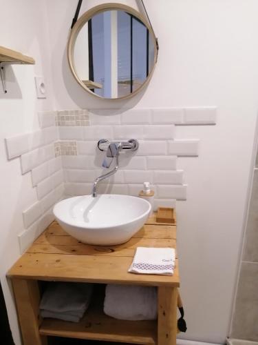 une salle de bain avec un lavabo et un miroir dans l'établissement MAGNIFIQUE ESCALE POITEVINE. THE PLACE TO BE, à Poitiers