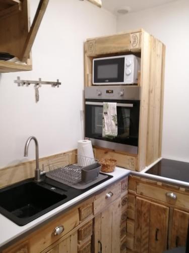 une cuisine avec un évier et un micro-ondes dans l'établissement MAGNIFIQUE ESCALE POITEVINE. THE PLACE TO BE, à Poitiers