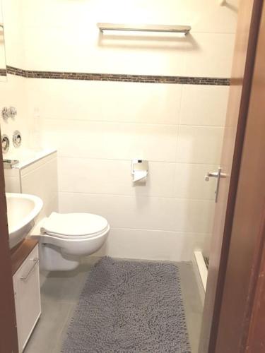 a white bathroom with a toilet and a sink at Central and Quiet 2 in Wiesbaden