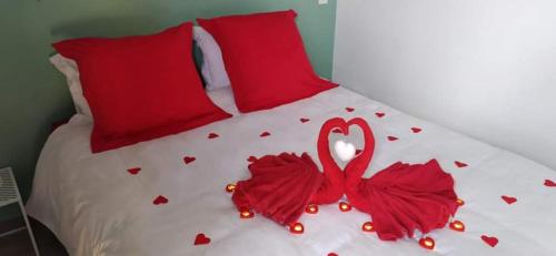 a bed with red pillows and red hearts on it at La kazanou in Saint-Joseph