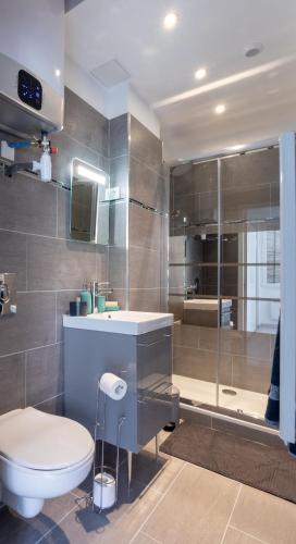 une salle de bain avec toilettes et douche dans l'établissement Studio lumineux Place de Lenche Panier Marseille, à Marseille