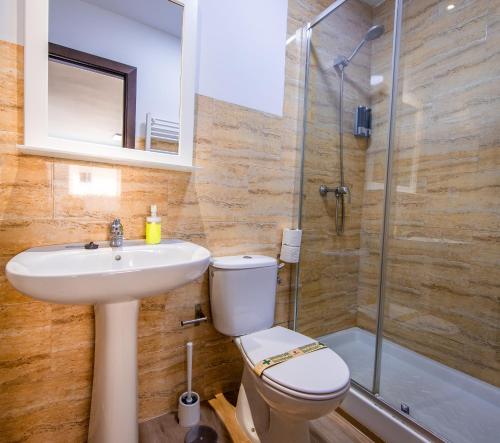 a bathroom with a toilet and a sink and a shower at HOMEABOUT LA MERCED Studios in Málaga