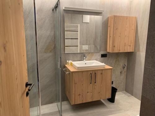 a bathroom with a sink and a shower at Dependance Residence Altea in Ortisei