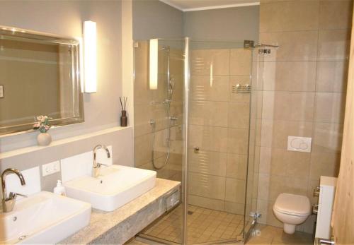 a bathroom with a shower and a sink and a toilet at Ski-in & Out Alpine Style Apartment near Kitzbühel in Mittersill