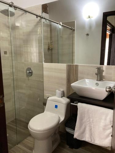 a bathroom with a toilet and a sink and a shower at Hotel Boutique Colonial Cartago in Cartago