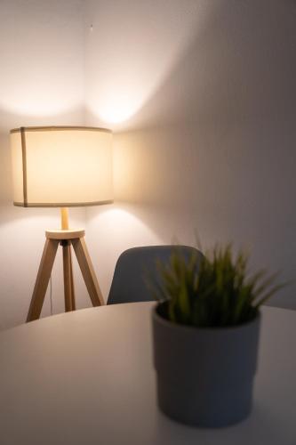 a table with a lamp and a potted plant on it at Moon Hostel Warszawa in Warsaw