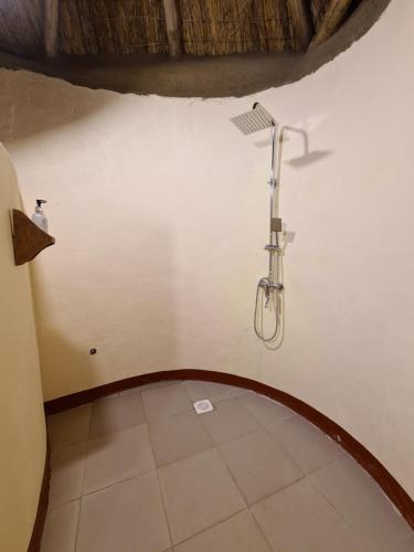 a shower in a bathroom with a tiled floor at Africa Safari Maasai Boma in Serengeti