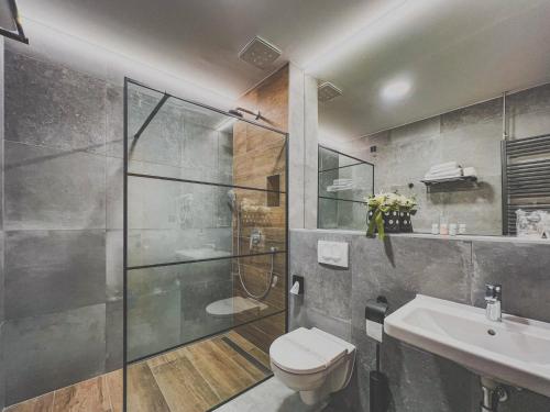 W łazience znajduje się prysznic, toaleta i umywalka. w obiekcie Hotel Panorama w mieście Prelog