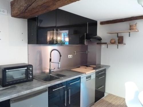 une cuisine avec un évier et un micro-ondes dans l'établissement La petite maison CARRÉ, à Talant