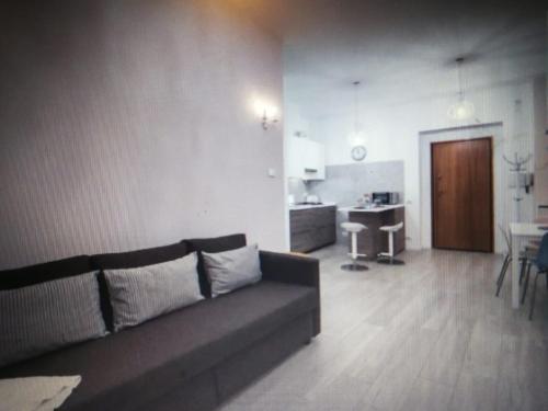 a living room with a couch and a kitchen at Central 2 bedrooms 2 bathrooms in Ancona
