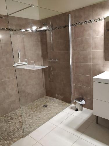 une salle de bain avec douche et lavabo dans l'établissement Le Mas du Paulou, à Vallon-Pont-dʼArc