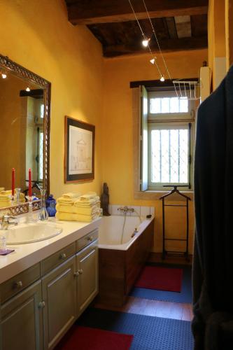 a bathroom with a tub and a sink and a bath tub at Manoir de Malfarat in Charlieu