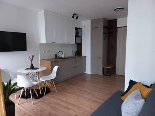 Kuchyňa alebo kuchynka v ubytovaní Apartament blisko morza i stadionu Polsat Plus Arena Gdańsk