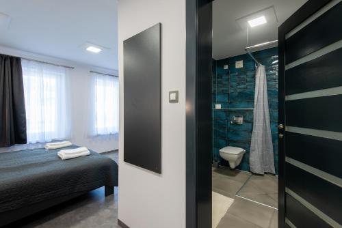 een slaapkamer met een bed en een badkamer met een douche bij Theresa Vendégház in Kiskunmajsa