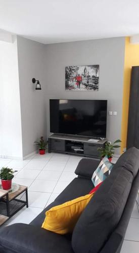 un salon avec un canapé et une télévision à écran plat dans l'établissement Villa suzana, à La Suze-sur-Sarthe