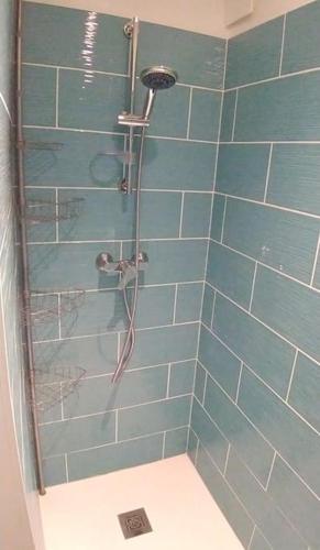 une salle de bain avec douche aux carreaux bleus dans l'établissement En famille à Dieppe by Holidieppe, à Dieppe