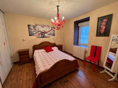 Schlafzimmer mit einem Bett und einem Kronleuchter in der Unterkunft Appartement privé in Lourdes