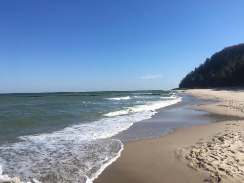 a beach with footprints in the sand and the ocean at Fewo am Strand in Koserow - Casa del Mar - 42m bis zum Strand in Ostseebad Koserow
