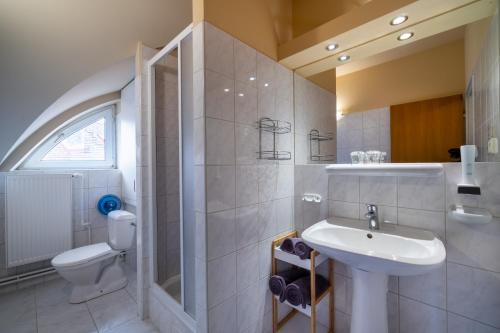 een badkamer met een wastafel en een toilet bij Hotel U Vlašského Dvora in Kutná Hora