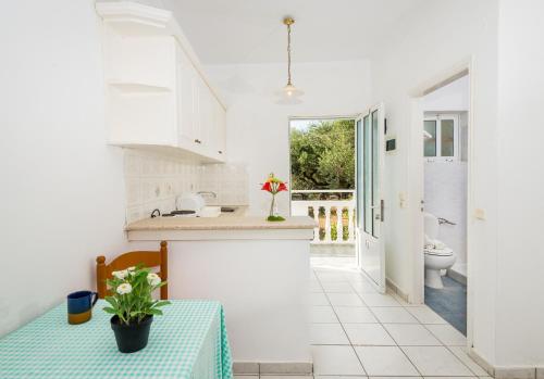a white kitchen with a table and a toilet at Tassos & Marios Apartments I in Laganas