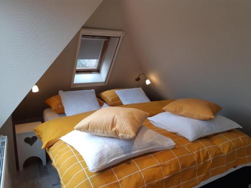 Wad'nGeluk في Paesens: غرفة نوم بسريرين مع وسائد صفراء وبيضاء