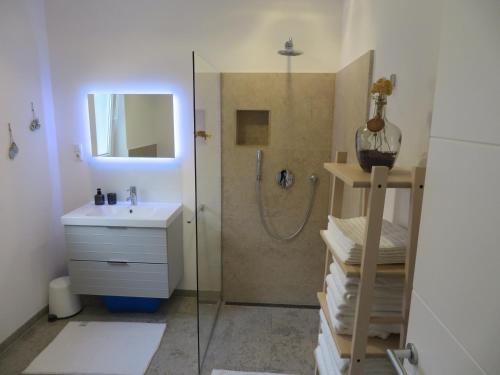 uma casa de banho com um chuveiro e um lavatório. em Korčula - apartman 2, Prigradica - IVAN em Blato