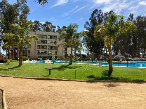 een park met palmbomen voor een gebouw bij Depto en Costa Algarrobo Norte con wifi in Algarrobo