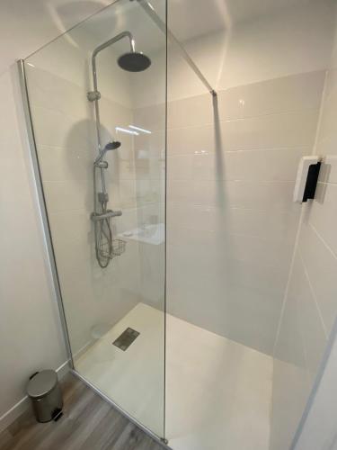 une cabine de douche avec une porte vitrée dans une salle de bain dans l'établissement Appartement Cholet les Halles coté jardin, à Cholet