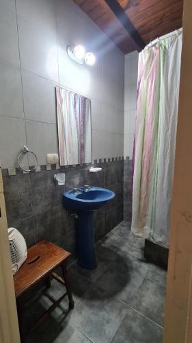 een badkamer met een blauwe wastafel en een douche bij Duplex frente al mar in Mar del Plata
