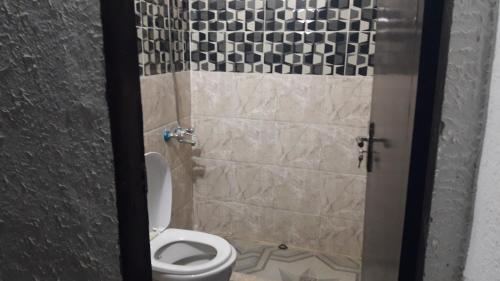 a bathroom with a toilet and a shower at WadiRum Village Lodge in Wadi Rum