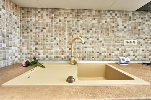a kitchen sink with a faucet on a counter at AnaApartaments in Năvodari