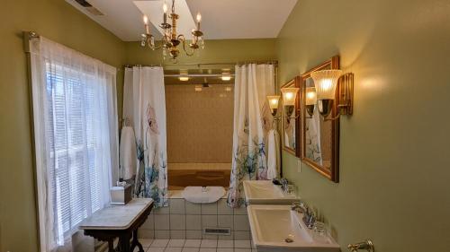 a bathroom with two sinks and a shower and a mirror at Garden and Sea Inn in New Church