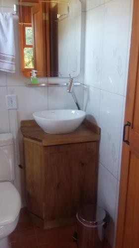 a bathroom with a sink and a toilet at Pousada Cabanas Flor de Mel in Urubici