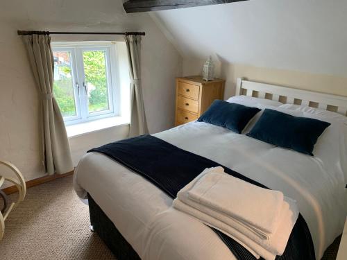 um quarto com uma cama com almofadas azuis e uma janela em Fern Cottage em Saltburn-by-the-Sea