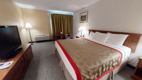a hotel room with a large bed and a flat screen tv at Ramada by Wyndham Strasburg - Shenandoah Valley in Strasburg