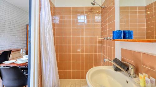 a bathroom with a sink and a shower at Sun Centre Motel in Swan Hill