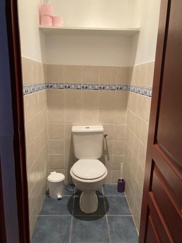 une salle de bain avec toilettes dans une pièce carrelée dans l'établissement Mas Catalan, à Torreilles