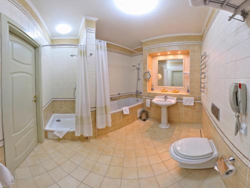 Alleya Grand في بولتافا: حمام مع مرحاض ومغسلة وحوض استحمام