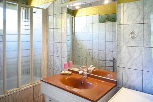 a bathroom with a sink and a shower at Charming stone Tiny House with private terrace, Villes-sur-Auzon in Villes-sur-Auzon