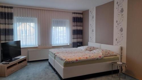 a bedroom with a bed and a flat screen tv at Zimmervermietung Lehmann in Kromlau