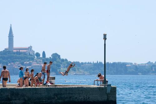 Eine Gruppe von Menschen springt von einem Dock ins Wasser in der Unterkunft Maistra Camping Amarin Glamping in Rovinj