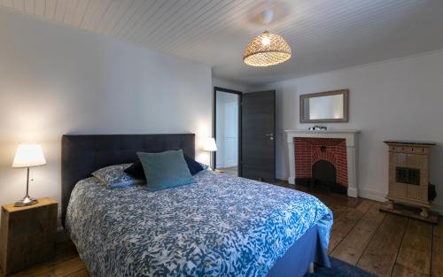 a bedroom with a bed with a blue comforter and a fireplace at Appart-Hôtel-Darney in Darney