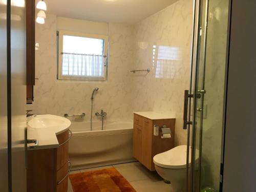 a bathroom with a sink and a toilet and a tub at Apartment Casa Wiro in Magadino