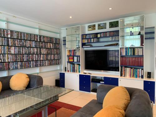 a living room with a couch and a tv and books at Apartment Casa Wiro in Magadino