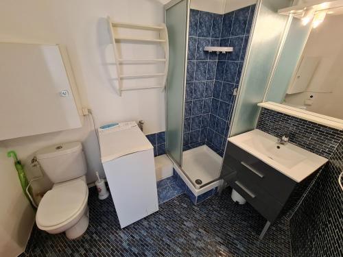 une salle de bain avec toilettes, lavabo et douche dans l'établissement Studio 261 escale plage résidence, au Grau-du-Roi