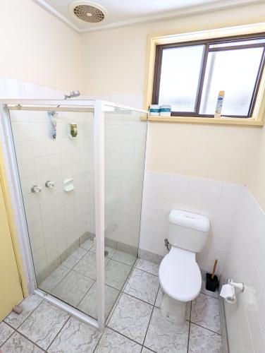a bathroom with a shower and a toilet at Homestead Motor Inn & Apartments in Bendigo