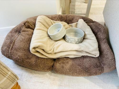 a dog bed with two bowls on top of it at The Bluebell Porthmadog in Porthmadog