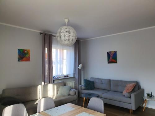 a living room with two couches and a table at Apartament 3 - Bliżej Zdroju in Polanica-Zdrój