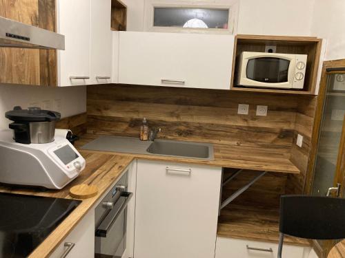 une petite cuisine avec un évier et un micro-ondes dans l'établissement chambre privée dans maison drômoise - viarhona - autoroute - jacuzzi à réserver en supplément, à Châteauneuf-du-Rhône